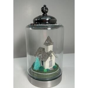 Putz Mini Church, Handmade Christian Keepsake, Glass Cloche Silver Holiday Decor